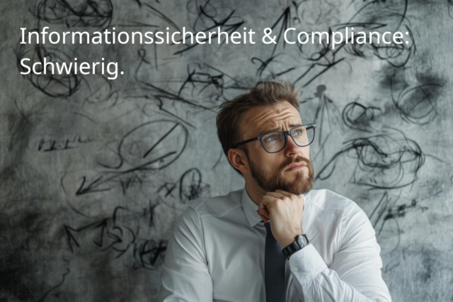 Business-Mann vor vollgekritzelter Wand blickt sorgenvoll nach oben, Kopf auf Faust gestützt